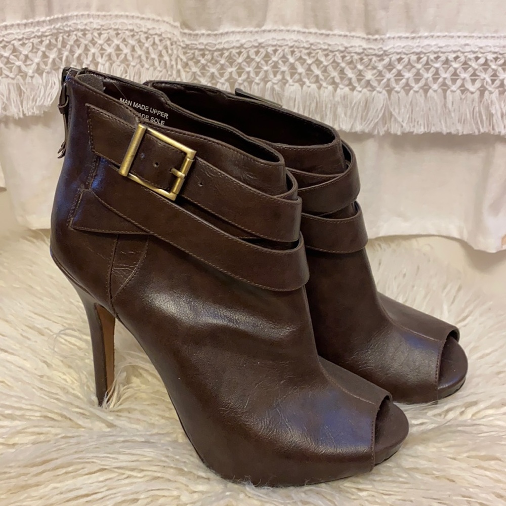 Brown peep toe booties